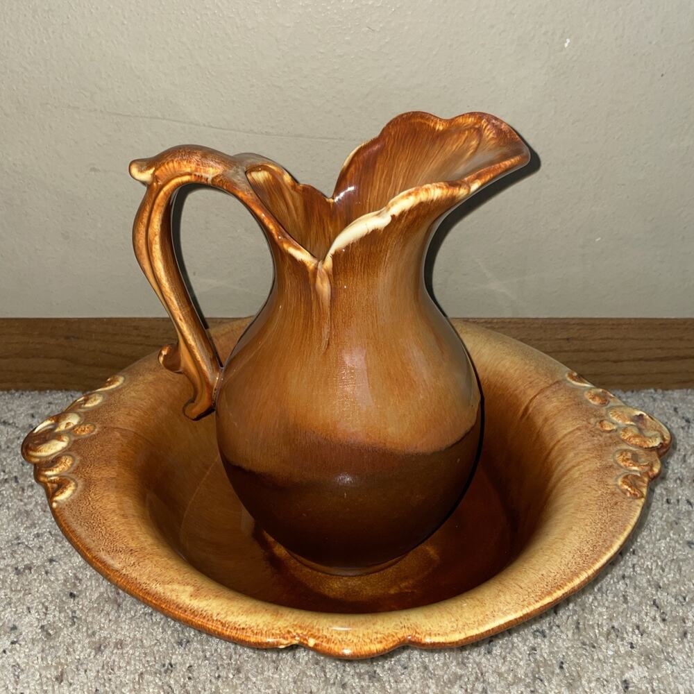 Vintage Royal Haeger Pitcher Vase Bowl Set Brown Drip Glaze Art Pottery USA 4060